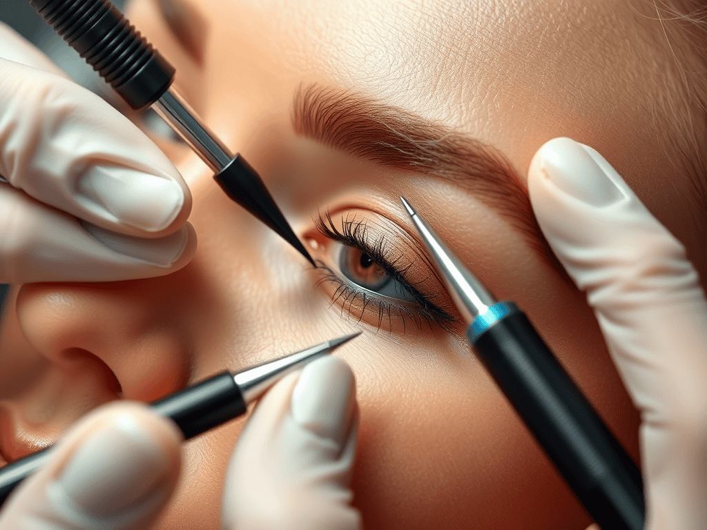 Close-up of eyelash extension procedure with professional tools on a woman's eye, emphasizing beauty and eyelash enhancement services.
